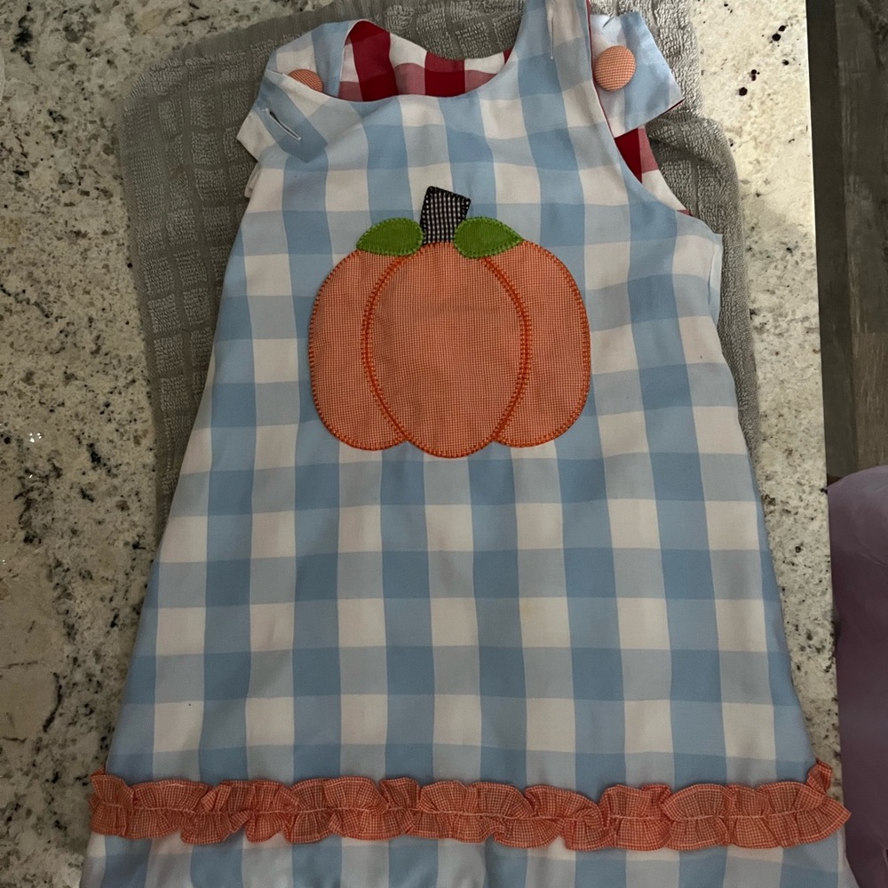 Blue and White Gingham Casual Dress with Pumpkin Accents